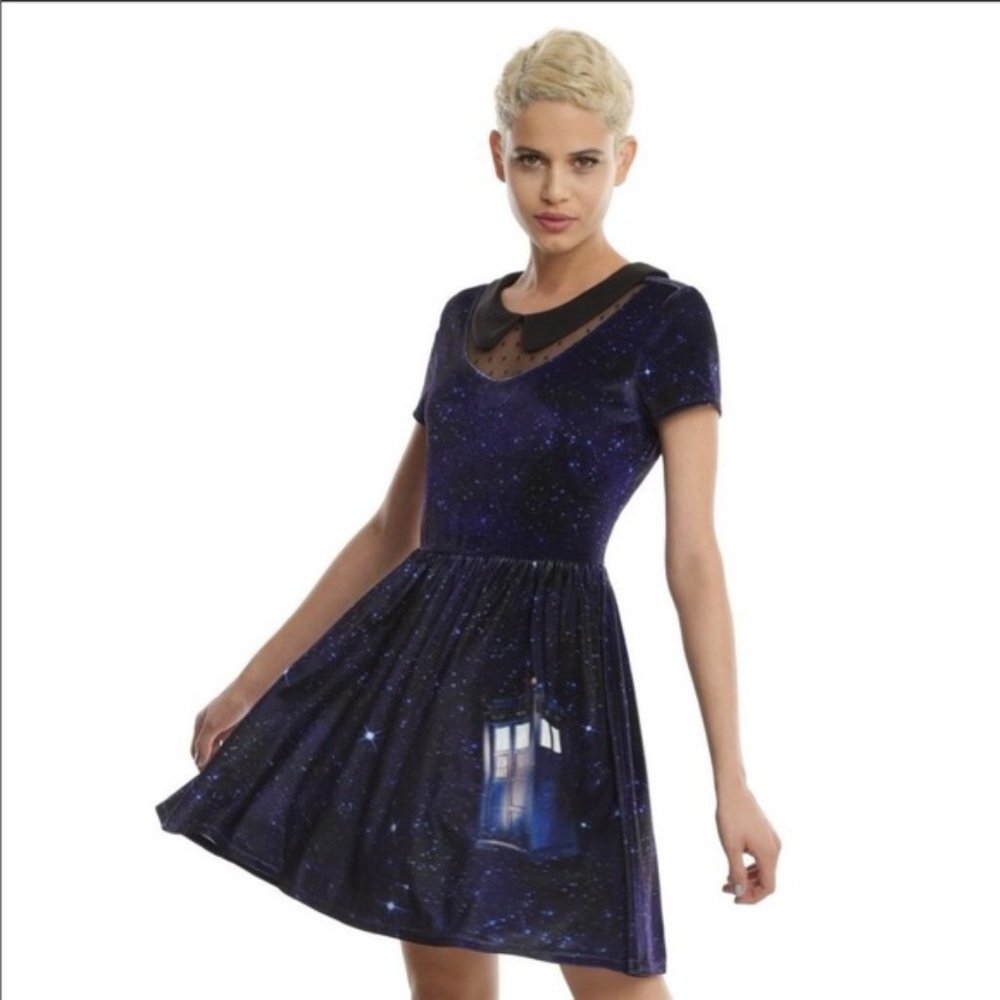 Hot Topic Navy Blue Galaxy Print Mini Dress with Black Collar